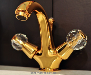 Змішувач для раковини двухвентильний cо Сваровські та донним клапаном Bugnatese Axo золото AXODO634G