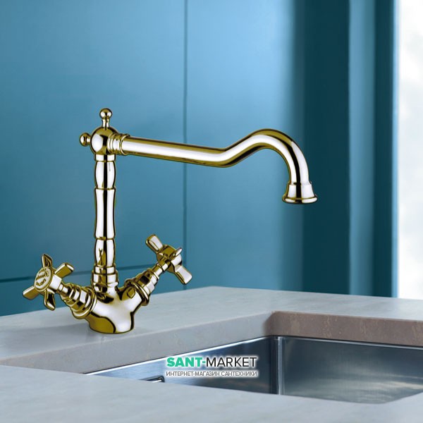 Змішувач для кухні Bugnatese Princeton двухвентильний ретростиль золото PRIDO851