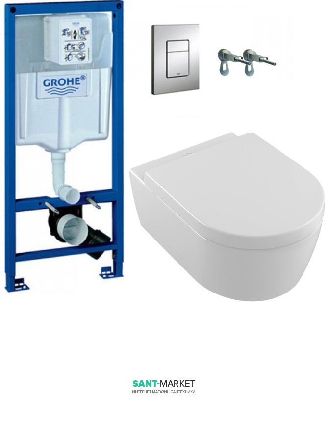 Унітаз подвеснойVilleroy & Boch Avento + Сидіння + Комплект Grohe Rapid SL 4 в 1 387756HR