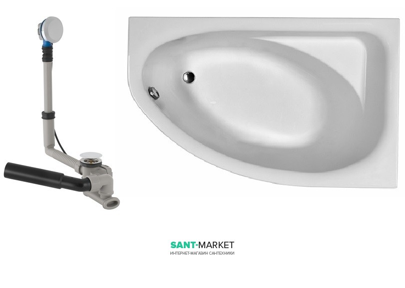 Ванна акрилова асиметрична Kolo колекція Spring 160х100х46.5 + Ніжки SN7 + Сифон Geberit правобічна XWA306000G