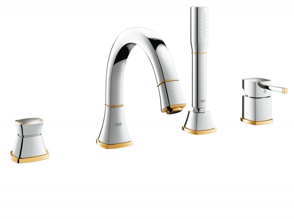 Змішувач одинважільний на борт ванни з душем Grohe Grandera хром / золото 19936IG0