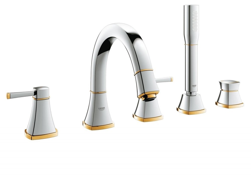 Смеситель двухвентильный на борт ванны Grohe Grandera с душевым гарнитуром хром/золото 19919IG0