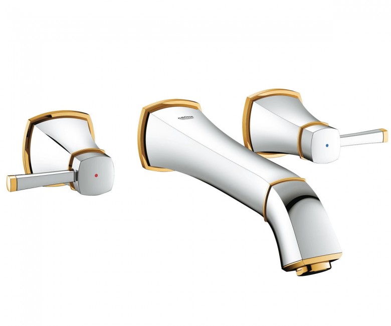 Смеситель для раковины двухвентильный настенный скрытый Grohe Grandera на 3 отверстия (вынос 234 мм) хром/золото 20415IG0