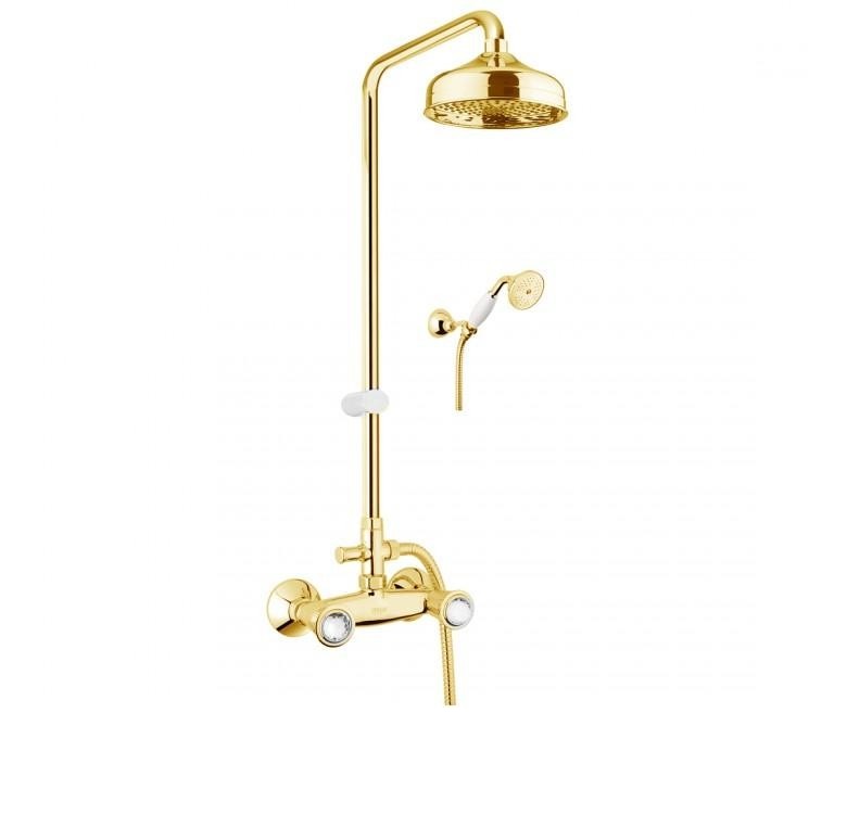Змішувач для душу з верхньої лійкою ручним душем шлангом і утримувачем Fiore VENERE SKY золото / Swarovski 13OO0620