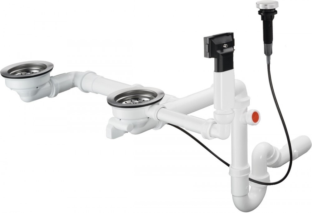 Сифон для подвійних гранітних раковин з автоматичним комплектом слив-перелив Hansgrohe D17-11 білий / нержавіюча сталь 43938000