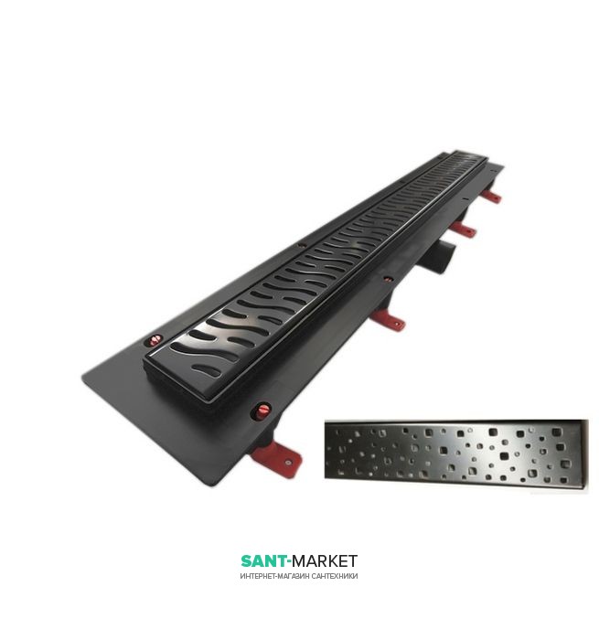 Желоб водосточный МСН 750 мм с горизонтальным фланцем и чёрной решеткой Квадраты CH 750 S C
