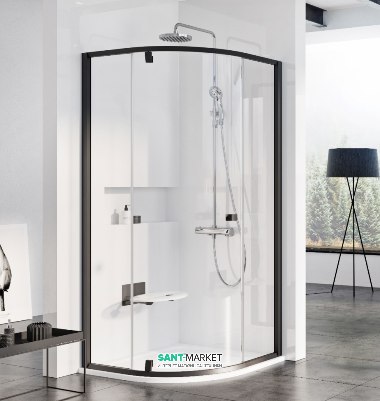 Душевой уголок полукруглый Ravak Pivot PSKK3-100 профиль черный стекло transparent 376AA300Z1