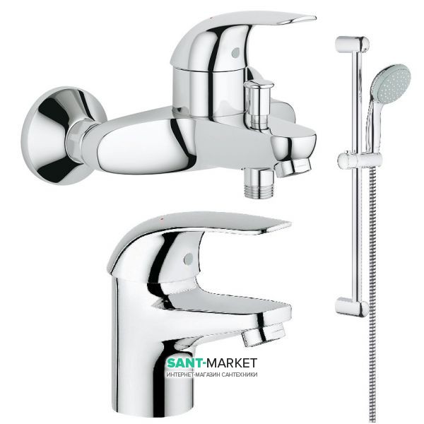 Комплект смесителей для ванной с душевым гарнитуром 3 в 1 Grohe Euroeco латунь хром 124428