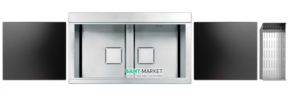 Кухонная мойка прямоугольная на две чаши с двумя черными стеклянными поверхностями Apell Sinphonia нержавеющая сталь PD862IKITB