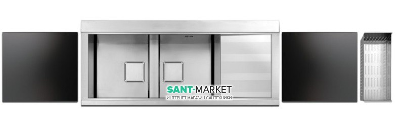 Кухонная мойка прямоугольная на две чаши с двумя черными стеклянными поверхностями Apell Sinphonia нержавеющая сталь PD1162IRKITB