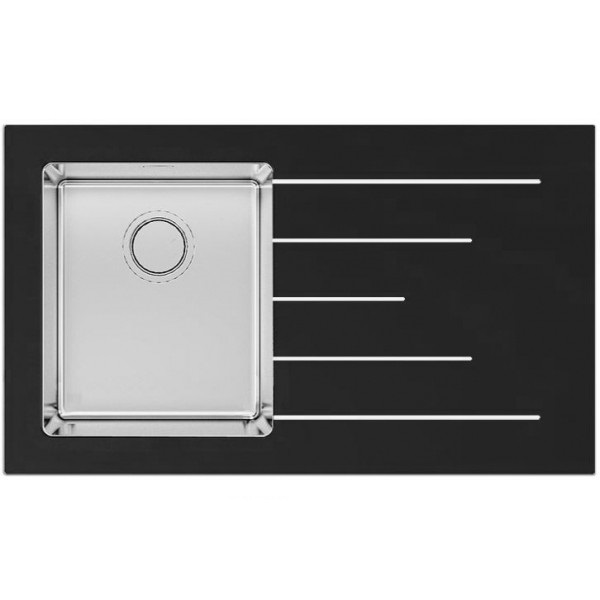 Кухонная мойка прямоугольная фронтальная часть черное стекло pop-up механизм Apell Pura RIGHT нержавеющая сталь Brushed PU861IRBC