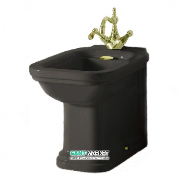Биде напольное приставное Kerasan Waldorf с одним отверстием черный глянцевый золото 4121K5
