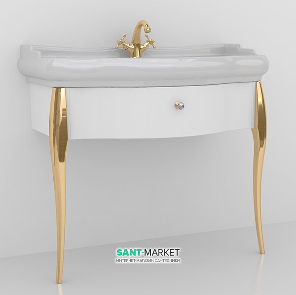 Консоль під раковину Kerasan Retro білий глянсовий ніжки золото ручка золото з кристалом 7363K8