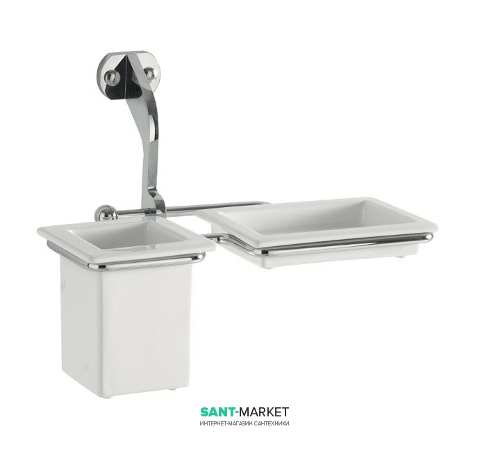 Стакан для зубных щеток подвесной с мыльницей Kerasan Waldorf с настенным держателем белый хром 741190