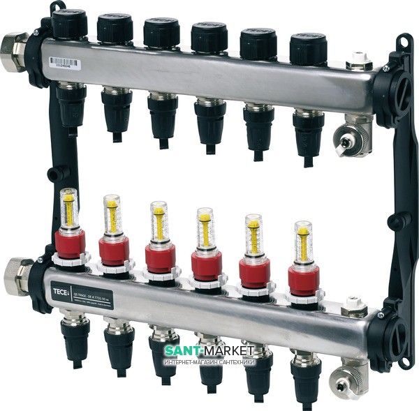 Колектор для систем підлогового опалення Tece TECElogo HKV 6 з ротометрамі і з'єднаннями push-fit нержавіюча сталь 77311106