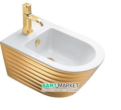 Біде підвісне Catalano Gold & Silver безободковое з одним отвором кераміка хвилі білий / золото 1BS55ZEBO