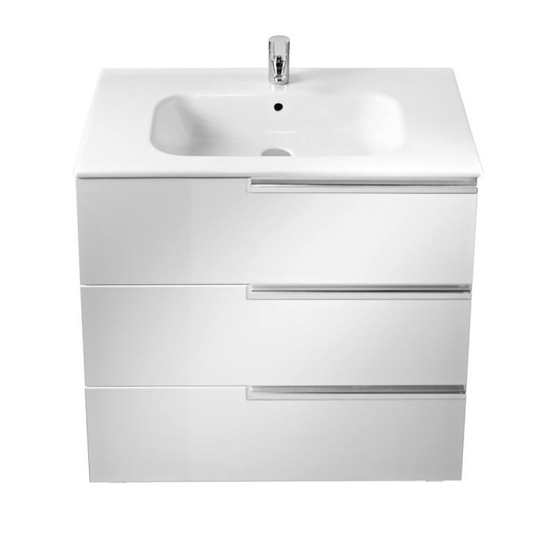 Тумба підвісна з трьома ящиками МДФ 80х46 білий глянець з раковиною для ванної Roca Victoria-N кераміка білий A855837806