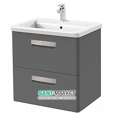Тумба підвісна з двома ящиками МДФ 60х44 сірий антрацит з раковиною для ванної Roca Gap кераміка білий з сифоном A855997153
