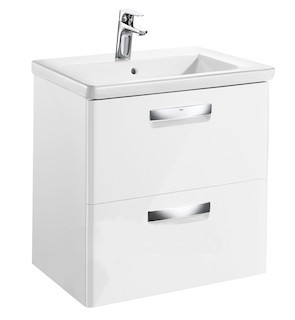 Тумба подвесная с двумя ящиками МДФ 60х44 белый глянец с раковиной для ванной Roca Gap керамика белый с сифоном A855997806