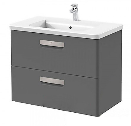 Тумба подвесная с двумя ящиками МДФ 80х44 серый антрацит с раковиной для ванной Roca Gap керамика белый с сифоном A855998153