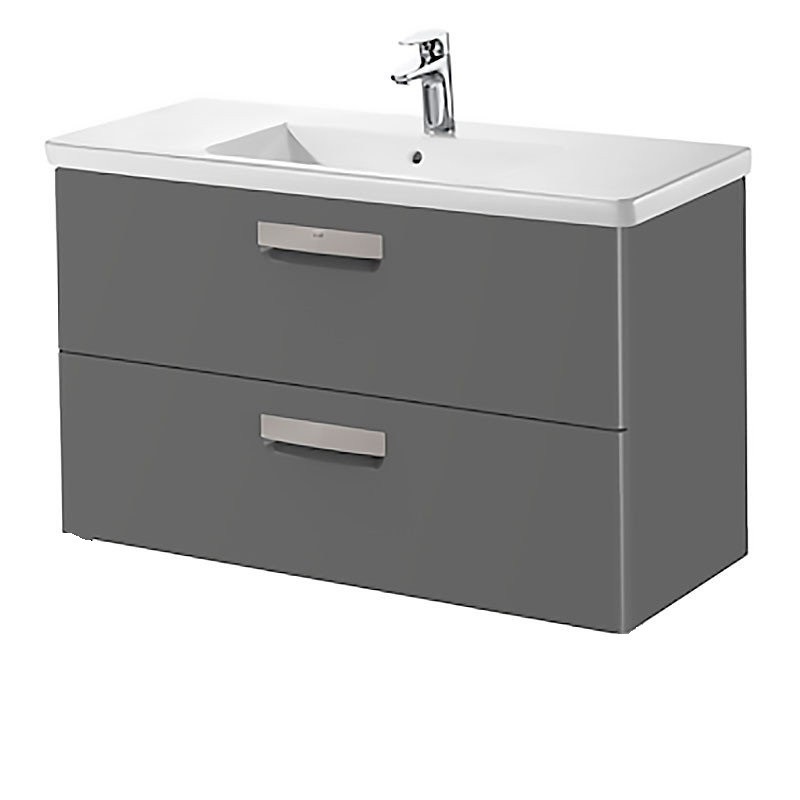 Тумба подвесная с двумя ящиками МДФ 100х44 серый антрацит с раковиной для ванной Roca Gap керамика белый с сифоном A855999153