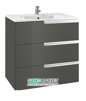 Тумба подвесная с тремя ящиками МДФ 60х46 серый антрацит с раковиной для ванной Roca Victoria-N керамика белый A855839153