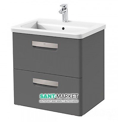 Тумба подвесная с двумя ящиками МДФ 60х44 серый антрацит с раковиной для ванной Roca Gap керамика белый с сифоном A855997153