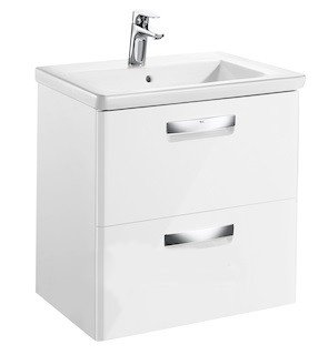 Тумба подвесная с двумя ящиками МДФ 60х44 белый глянец с раковиной для ванной Roca Gap керамика белый с сифоном A855997806
