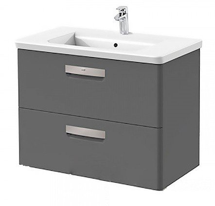 Тумба подвесная с двумя ящиками МДФ 80х44 серый антрацит с раковиной для ванной Roca Gap керамика белый с сифоном A855998153