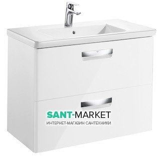 Тумба подвесная с двумя ящиками МДФ 80х44 белый глянец с раковиной для ванной Roca Gap керамика белый с сифоном ZRU9302732 