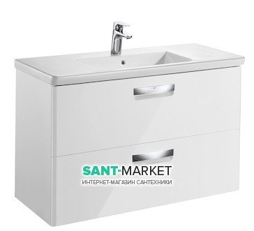 Тумба подвесная с двумя ящиками МДФ 100х44 белый глянец с раковиной для ванной Roca Gap керамика белый с сифоном A855999806