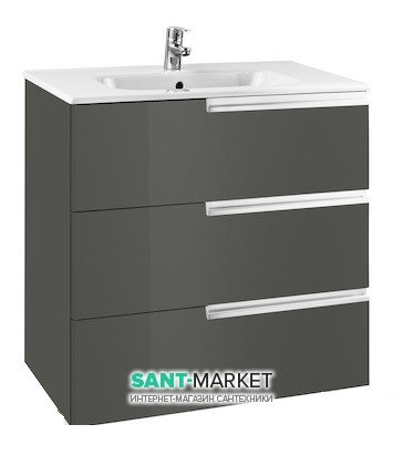 Тумба подвесная с тремя ящиками МДФ 60х46 серый антрацит с раковиной для ванной Roca Victoria-N керамика белый A855839153