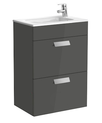 Тумба подвесная с двумя ящиками МДФ 50.5х36 серый антрацит с раковиной для ванной Roca Debba керамика белый с сифоном A855904153