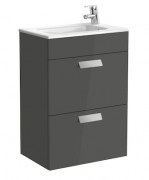 Тумба подвесная с двумя ящиками МДФ 50.5х36 серый антрацит с раковиной для ванной Roca Debba керамика белый с сифоном A855904153