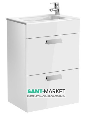 Тумба подвесная с двумя ящиками МДФ 50.5х36 белый глянец с раковиной для ванной Roca Debba керамика белый с сифоном A855904806