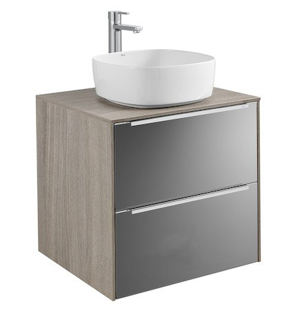 Тумба під раковину-чашу підвісна Roca Inspira 60х49.8 см з двома ящиками МДФ дуб / темне дзеркальне скло A851079403