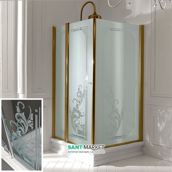 Душовий куточок Kerasan Retro DX правобічний 80х96 см профіль бронза скло прозоре з декором 9141N3