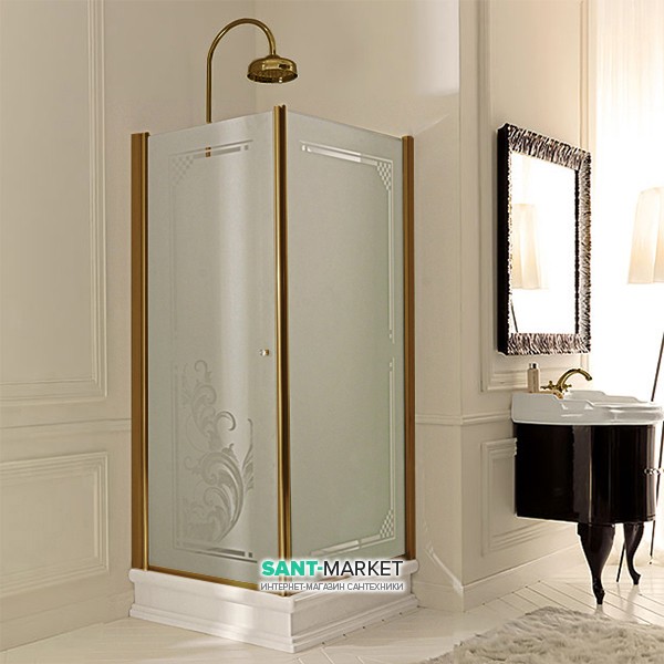 Душевой уголок правосторонний Kerasan Retro DX 80х80 см профиль бронза матовое стекло с декором 9160P3
