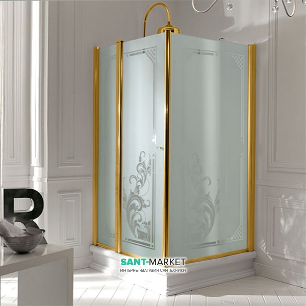 Душовий куточок Kerasan Retro DX 80х96 см двері з боку 80 см профіль золото скло матове з декором 9144P1