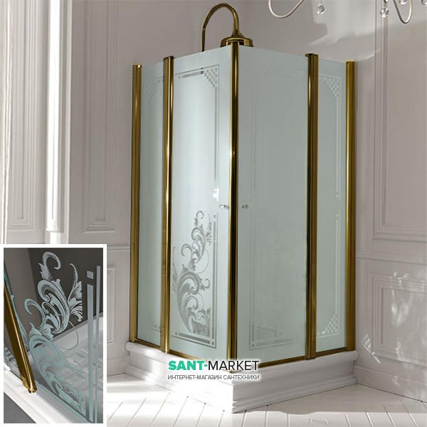 Душевой уголок Kerasan Retro DX/SX 90X90 см профиль бронза стекло прозрачное с декором 9145N3