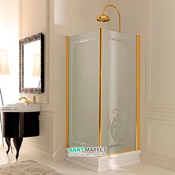 Душовий куточок лівобічний Kerasan Retro SX 90X90 см профіль золото скло матове з декором 9147P1