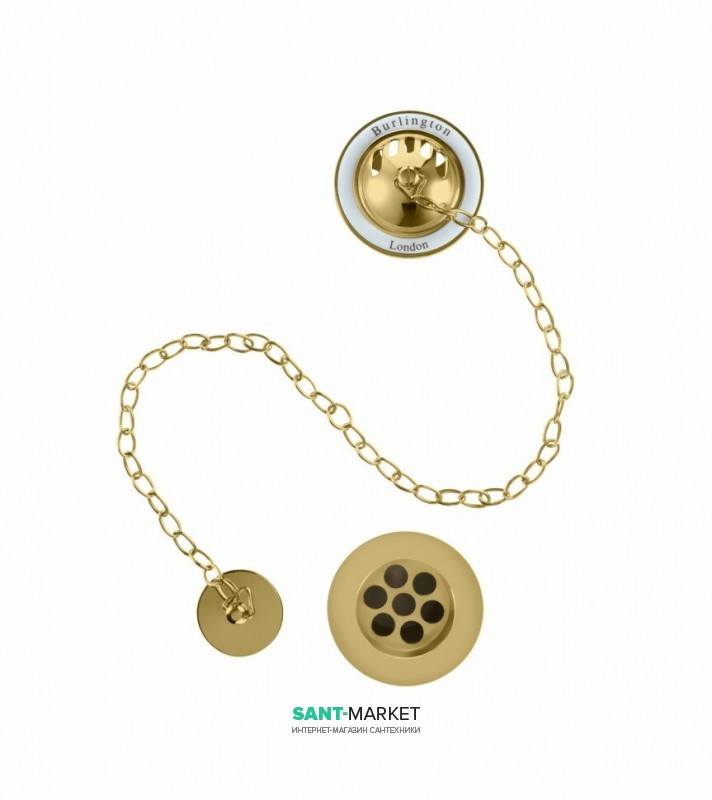 Злив-перелив для ванни Burlington з ланцюжком гнучкою підведенням і переливної гратами золото W3 GOL