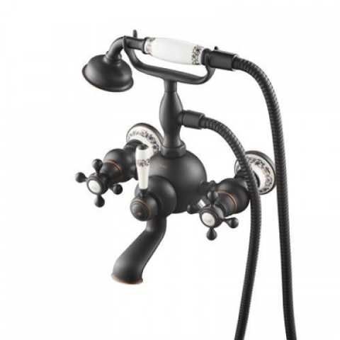 Смеситель для ванной Kraus Apollo настенный двухвентильный с душевой лейкой темный шоколад KEF-16060ORB