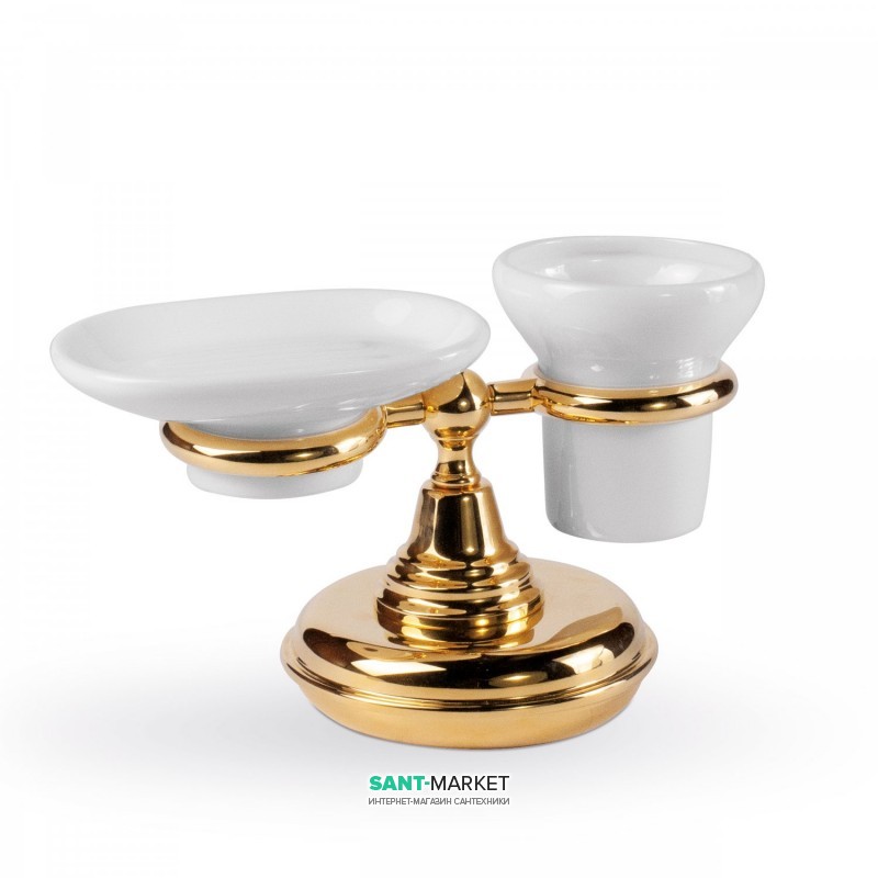 Мильниця і стакан для зубних щіток Tres Retro-Tres з настільним тримачем кераміка/метал білий/золото 02463613OR