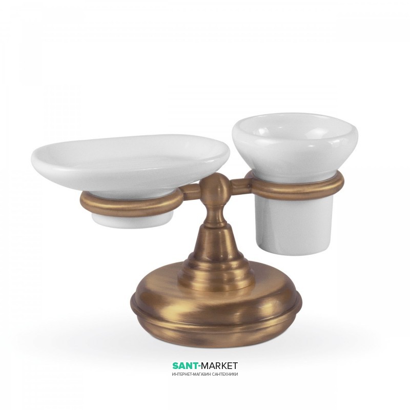Мильниця і стакан для зубних щіток Tres Retro-Tres з настільним тримачем кераміка/метал білий/зістарена латунь матовий 02463613LM