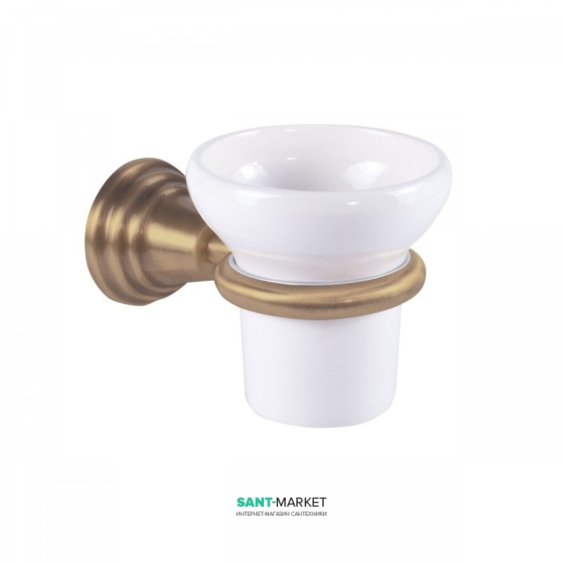 Стакан для зубних щіток Tres Retro-Tres з настінним утримувачем кераміка/метал білий/зістарена латунь матовий 02463612LM