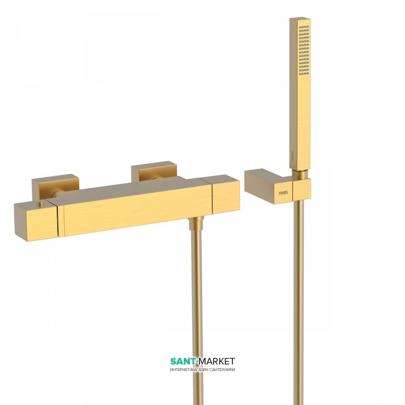 Смеситель для душа термостатический Tres Cuadro colors с ручным душем золото матовый 007164039OM