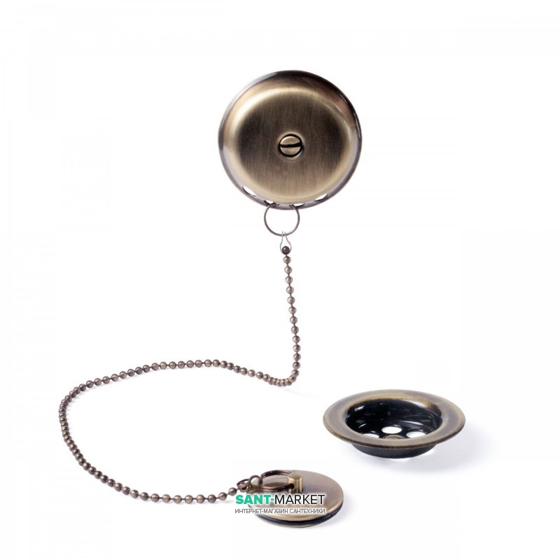 Слив для ванны Tres Ø 70 мм с пробкой для слива и перелива состаренная латунь 9134745051