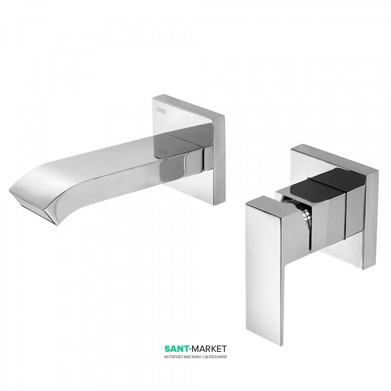 Смеситель для раковины Tres Cuadro Tres настенный однорычажный с каскадным изливом хром 00626010