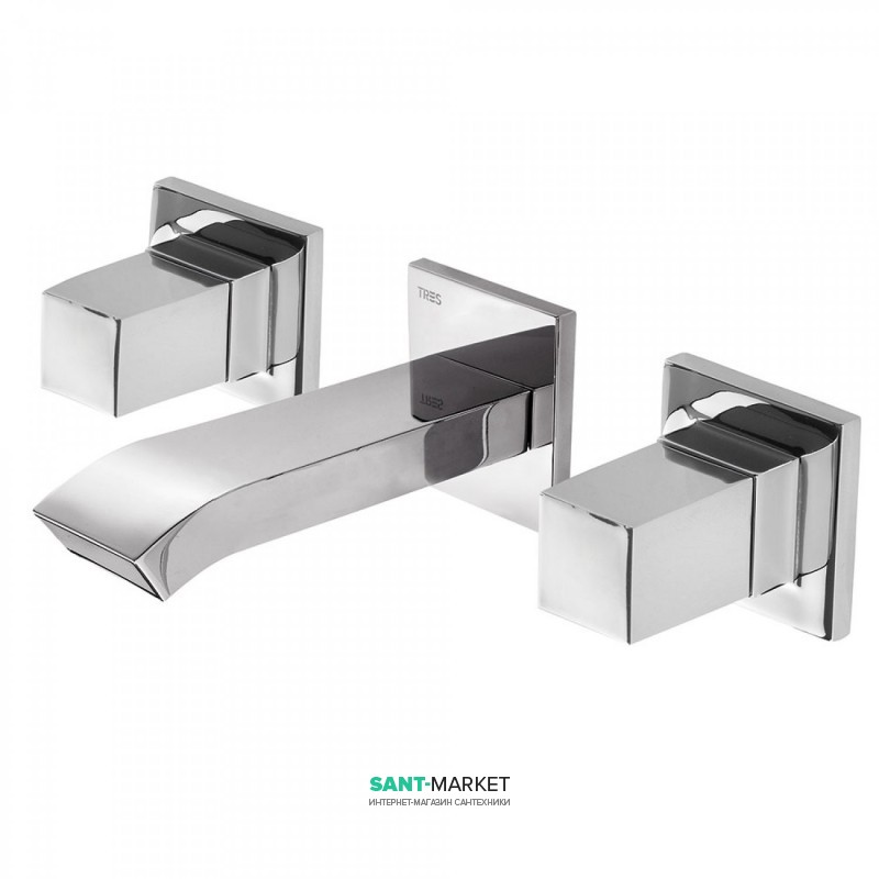 Змішувач для раковини Tres Cuadro Tres настінний двовентильний з каскадним виливом хром 00815201